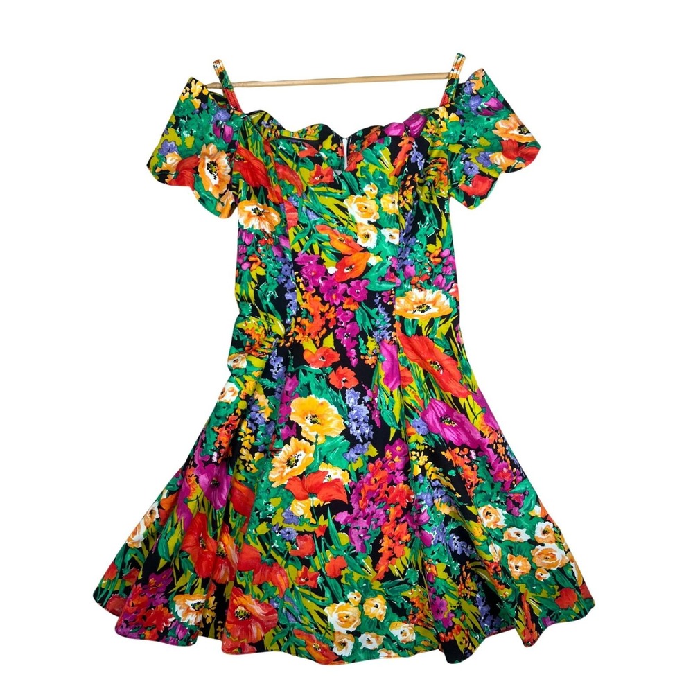 Vintage Womens Floral Off Shoulder Fit and Flare Dress Multicolor 80's 90's S